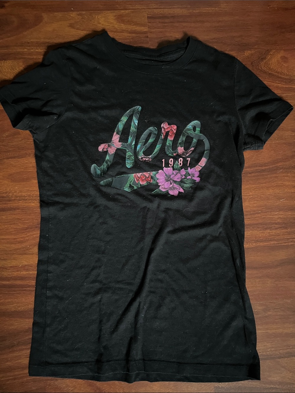 Aeropostale Black Tee with Pink & Green Floral Script